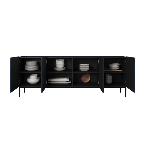 Komoda Nicole 200 cm z ryflowanym frontem i metalowymi nogami - granat / czarne nóżki - Limitowana oferta